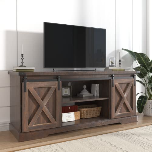Brown Wood TV Stand with Sliding Barn Doors W4259