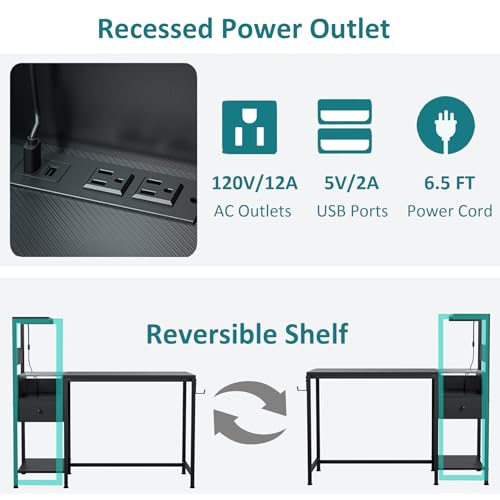 Black Reversible Gaming Desk with LED Lights & Power Outlets K369483