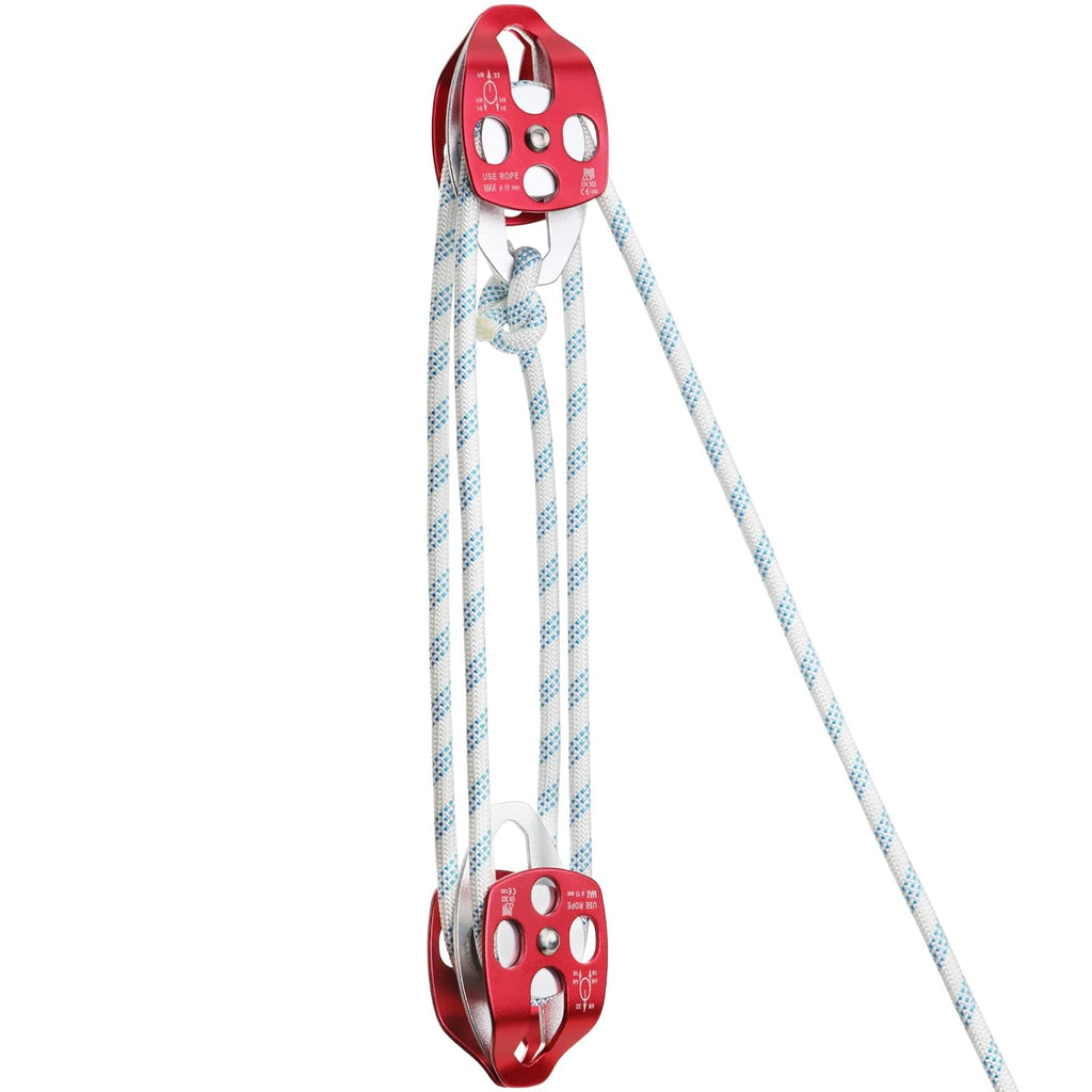 Twin Sheave Block and Tackle with Braid Rope 150Ft 30-35KN Capacity Double Pulley Rigging Rope N303