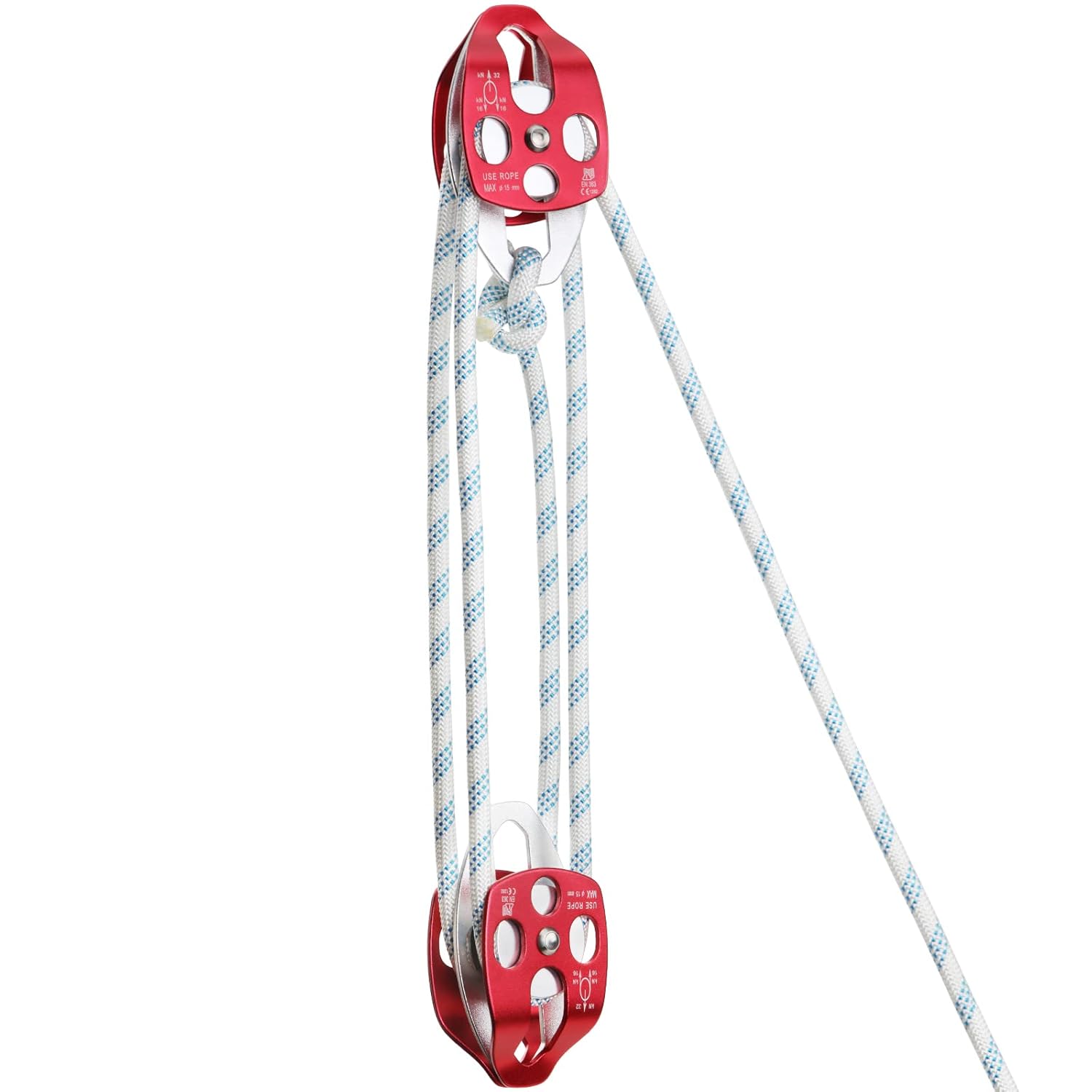 Twin Sheave Block and Tackle with Braid Rope 150Ft 30-35KN Capacity Double Pulley Rigging Rope N303
