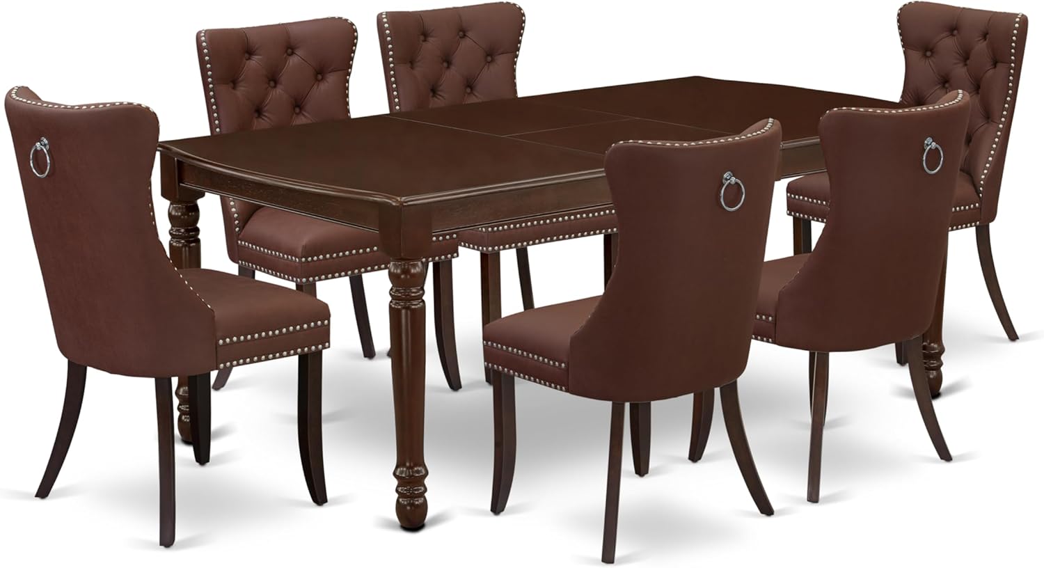 7 Piece Rectangle Wood Dining Table Set with 6 Upholstered Chairs, Mahogany A13908