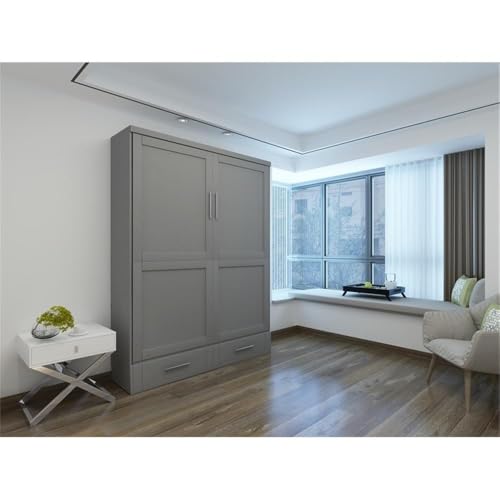 Queen Size Gray Solid Wood Murphy Wall Bed A5539
