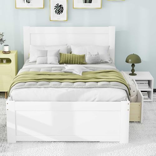 White Full Size Wood Platform Bed with Storage M3363