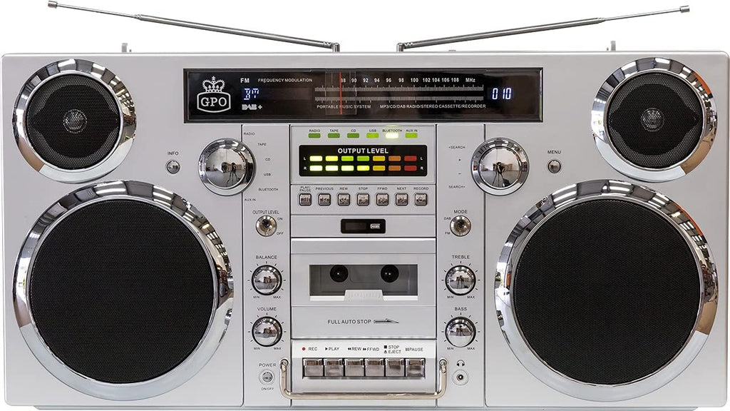 Silver Portable Boombox with CD Player Cassette Player FM Radio USB Bluetooth Speaker E718