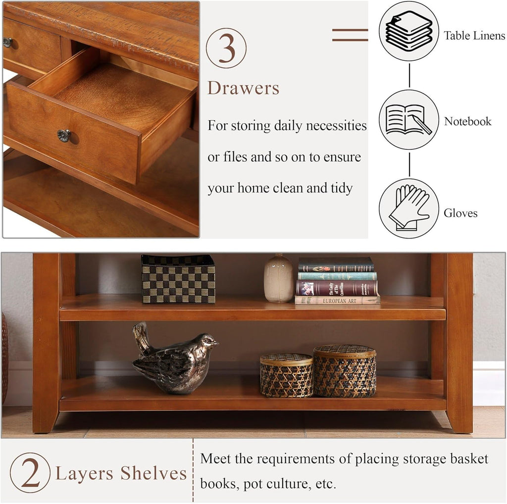 Long Console Table with 3 Storage Drawers and Double Bottom Open Shelves, 50" W x 16" D x 30" H, Brown S5136