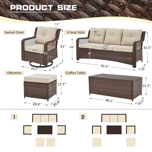 6 Pieces Swivel Rocking Chairs Patio Furniture Set Wicker Outdoor Conversations Sets with Table and Ottomans (Beige) N963261