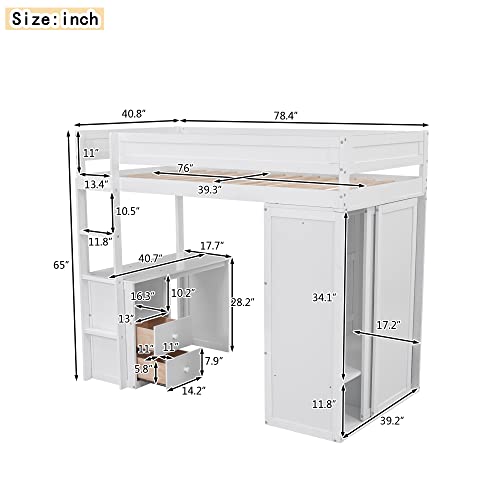 White Full Size Wooden Loft Bed with Storage Wardrobe and Desk A3242