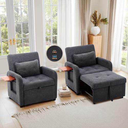 Lightgrey Fabric Convertible Sleeper Sofa Bed with USB Port S908185