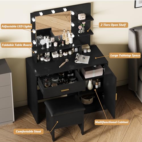 White Vanity Desk with Mirror and Lights and Drawer G773493