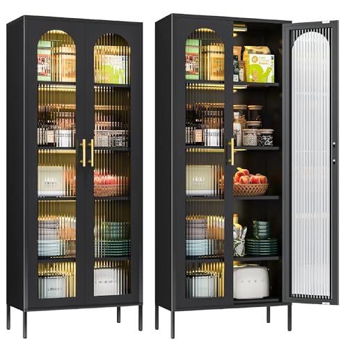 Black Tall Curio Cabinet with Glass Doors and Lights A645889