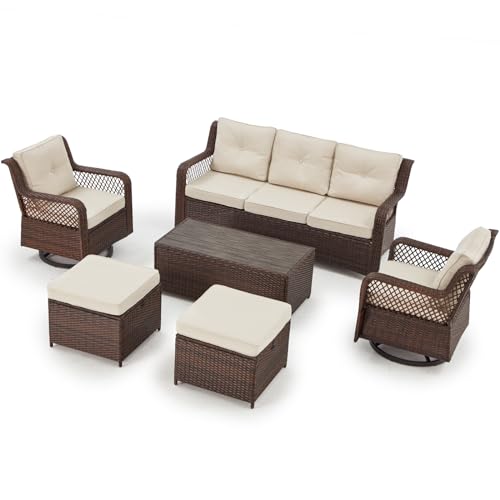 6 Pieces Swivel Rocking Chairs Patio Furniture Set Wicker Outdoor Conversations Sets with Table and Ottomans (Beige) N963261