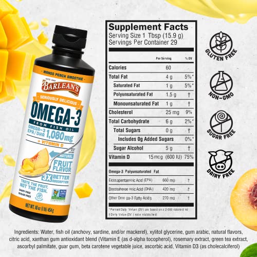 Mango Peach Omega 3 Fish Oil Liquid Supplement, 16 oz X33078