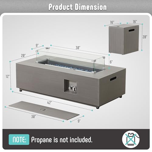 Propane Fire Pit Table Set with Tank Holder, 50,000 BTU Outdoor Firepit Table, Wind Guard & Glass Stones, Rectangular Fire Table X946485