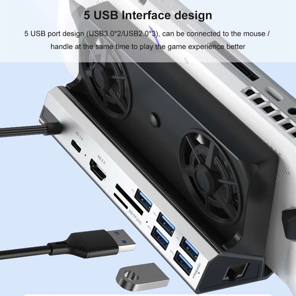 Steam Deck Docking Station with 2 Fans, 4K 60Hz HD Multimedia Interface, USB3.0 2.0, Gigabit RJ45, 100W PD Charging Port Q57214