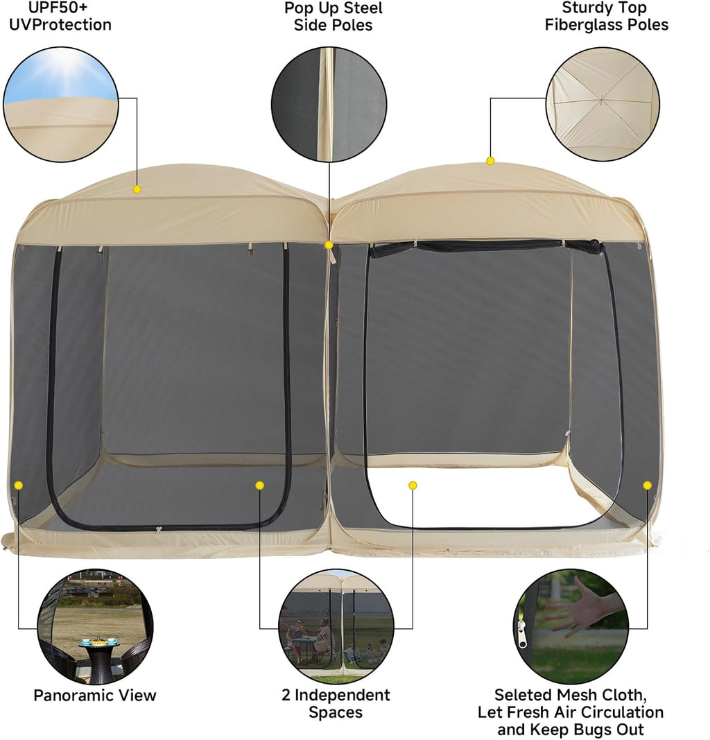 Beige 12' x 7.5' Pop Up Screen Tent Gazebo with Mesh Mosquito Netting S2031