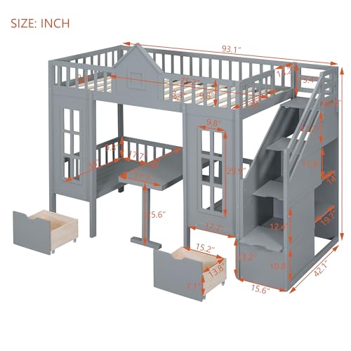 White Wooden Bunk Beds with Stairs and 2 Storage Drawers N6358