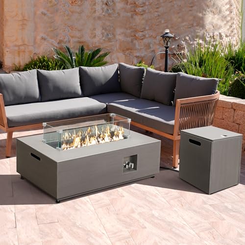 Propane Fire Pit Table Set with Tank Holder, 50,000 BTU Outdoor Firepit Table, Wind Guard & Glass Stones, Rectangular Fire Table X946485