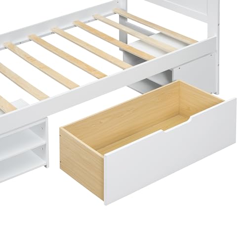 White Full Size Wood Platform Bed with Storage M3363
