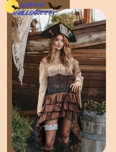Beige+Brown Women Pirate Costume with Shirt Skirt Corset Waist Belt F553138