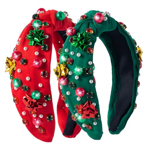 2 Pack Red Green Pearl Rhinestone Crystal Christmas Headband C516512