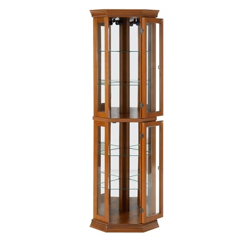 Corner Curio Cabinet with Tempered Glass Shelves, Mirrored Back, Cherry W4820