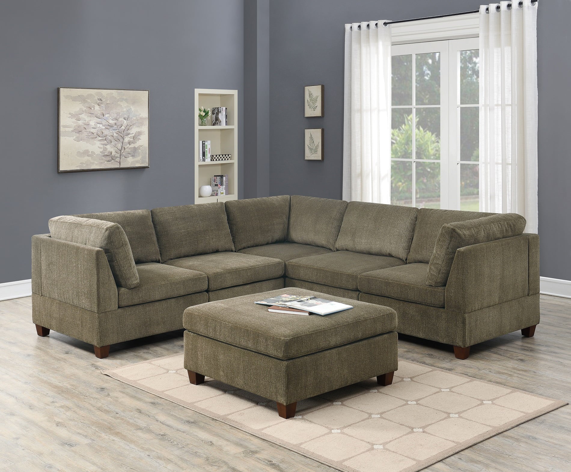 Tan Chenille Fabric Modular Sectional Sofa Set with Ottoman Y394739