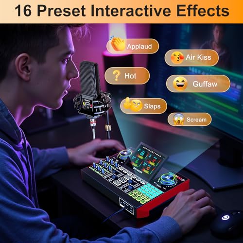 Podcast Microphone Bundle with Live Sound Card Audio Mixer, 3.5mm Condenser Microphone, Sound Board with Voice Changer J44245