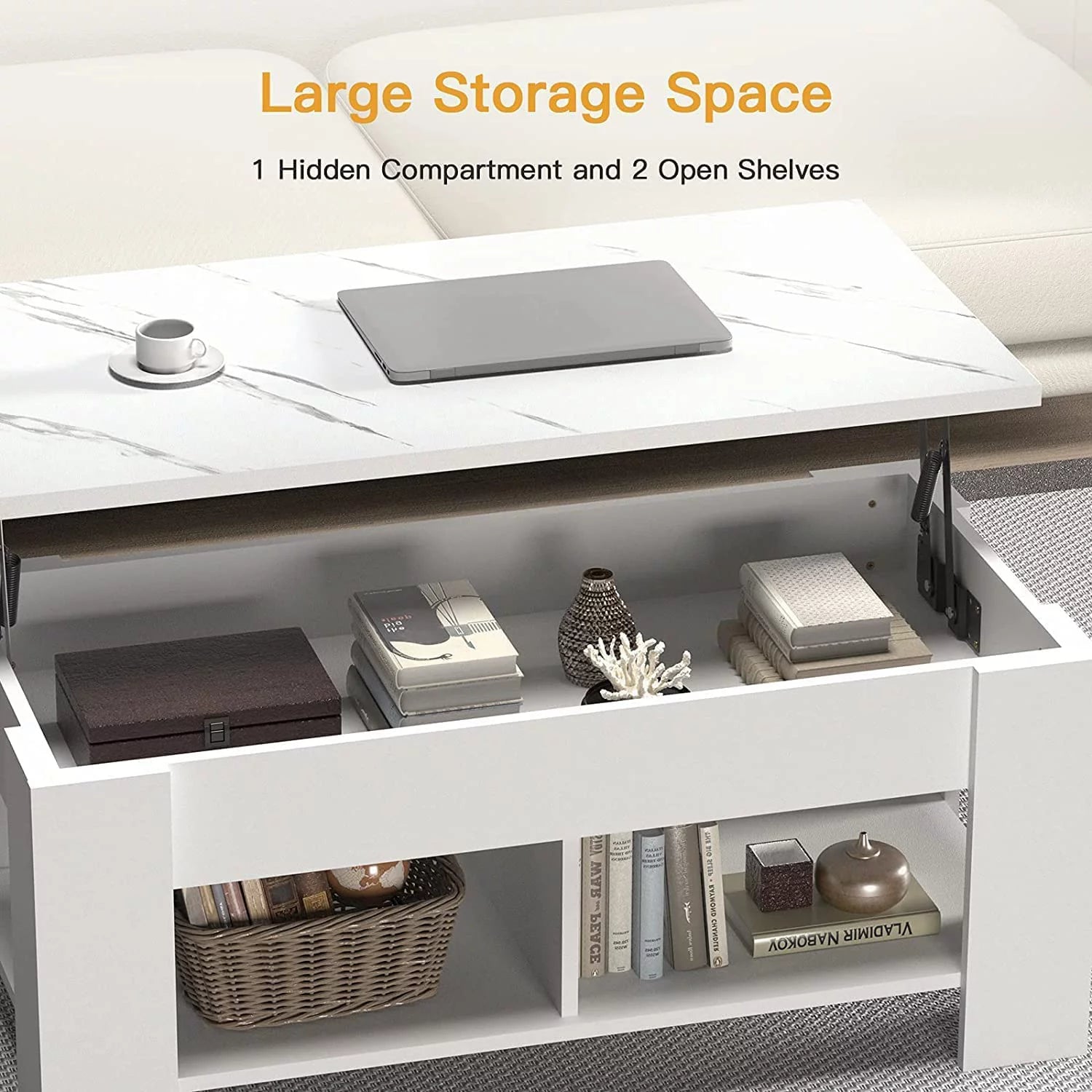 White Marble Lift Top Coffee Table with Storage Compartment and Open Shelves M802884