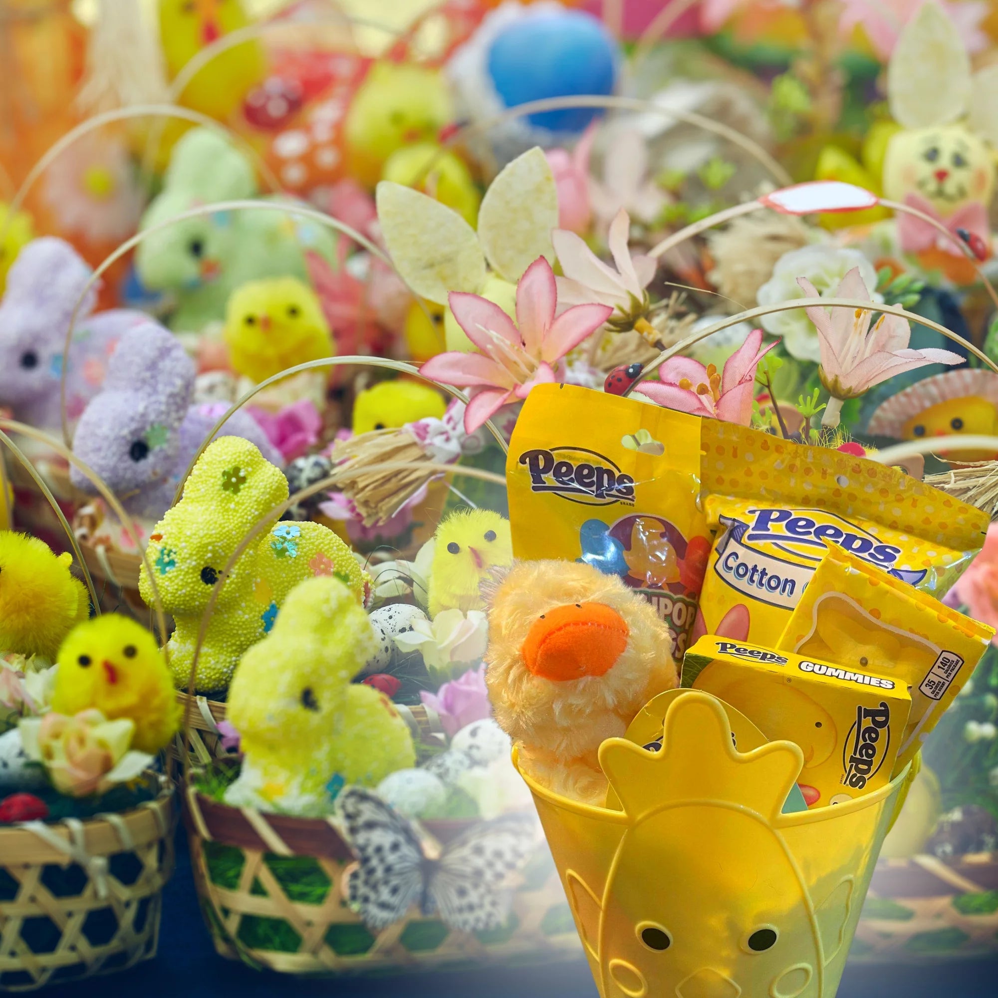 Yellow Duck Plush Toy Cotton Candy Lollipops Rings Gummies Chicks Marshmallow Lip Balm Reusable Bucket Gift Basket S524670
