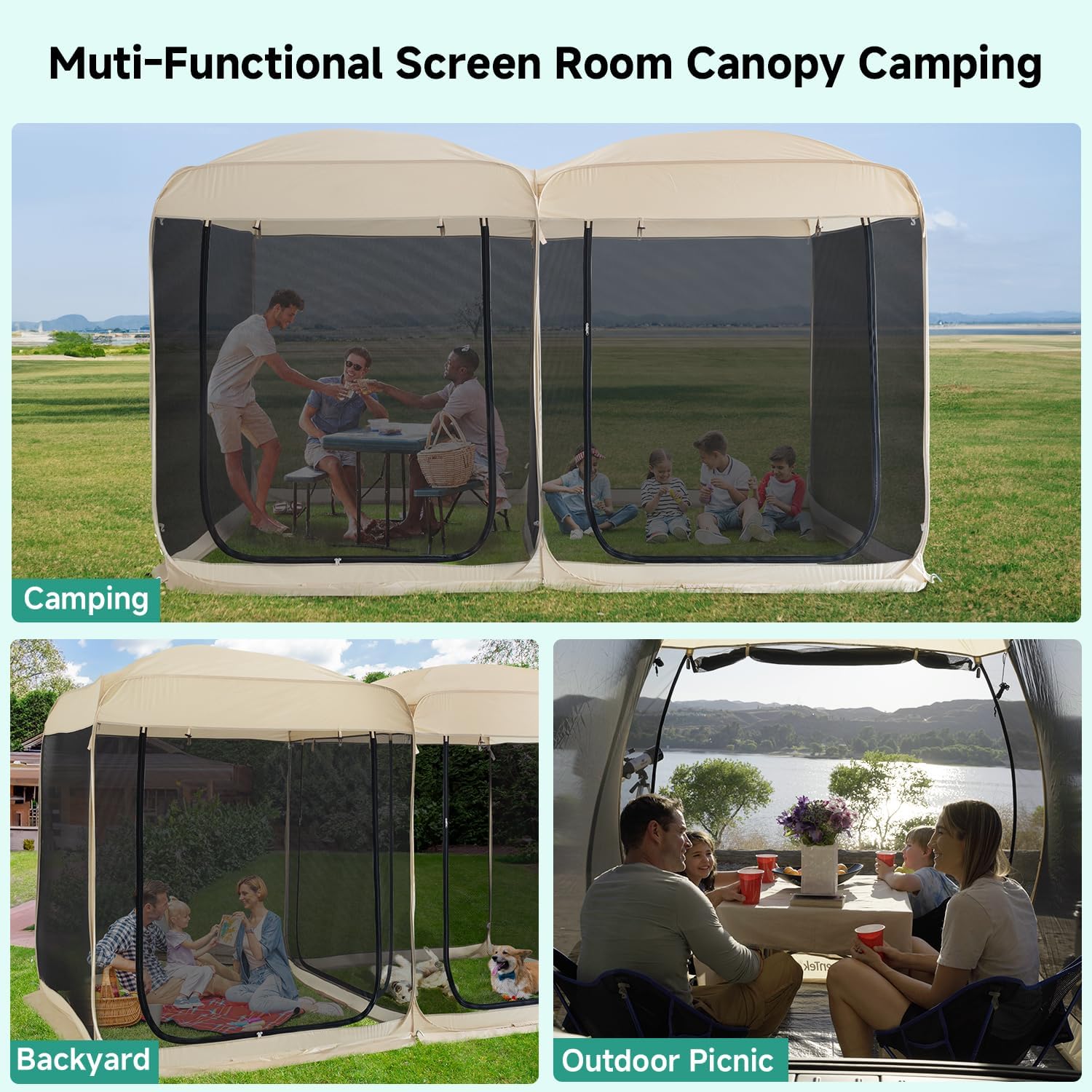 Beige 12' x 7.5' Pop Up Screen Tent Gazebo with Mesh Mosquito Netting S2031