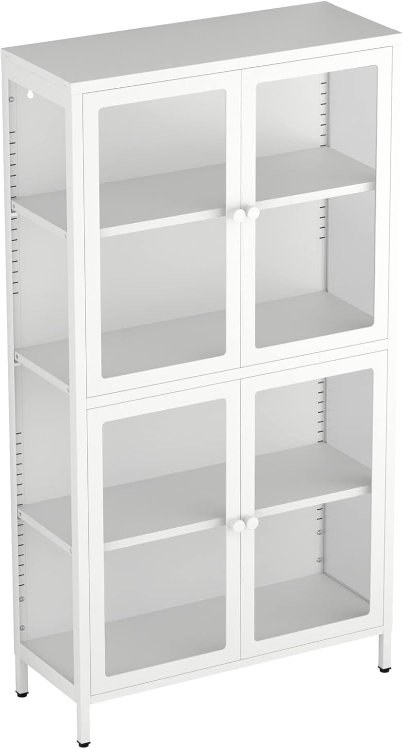 4-Door White Tempered Glass Storage Cabinet with Adjustable Shelves T118
