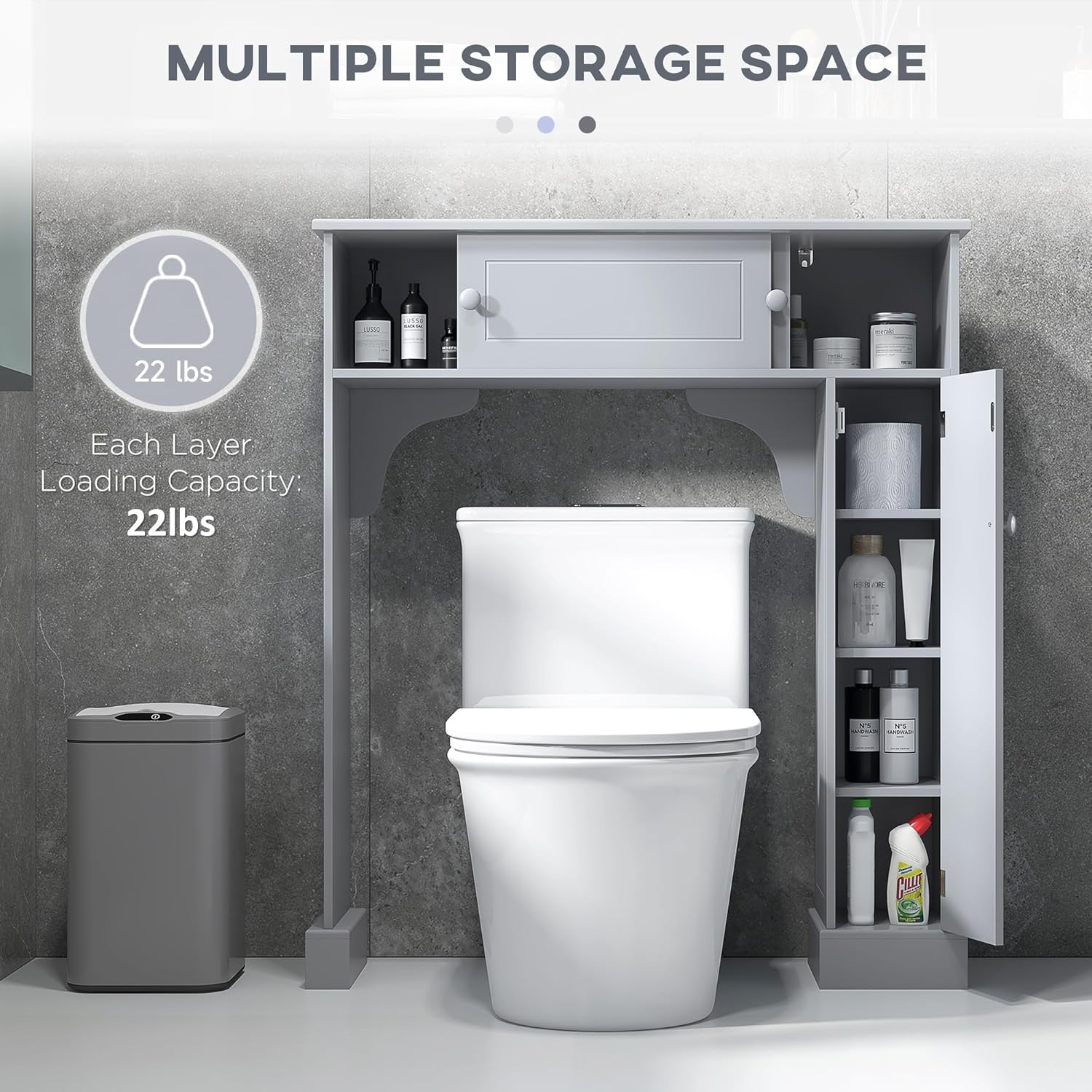 Gray Freestanding Over The Toilet Bathroom Cabinet with Adjustable Shelves T675163
