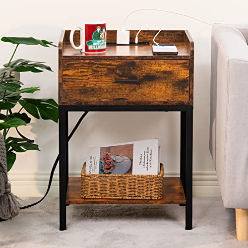 3-Tier Nightstand Set of 2 with Charging Station and Drawer, Oak Grey S985