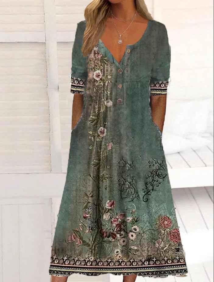 Women's Summer Floral Print Maxi Dresses Short Sleeve V Neck Casual Loose Dress with Pockets T5137