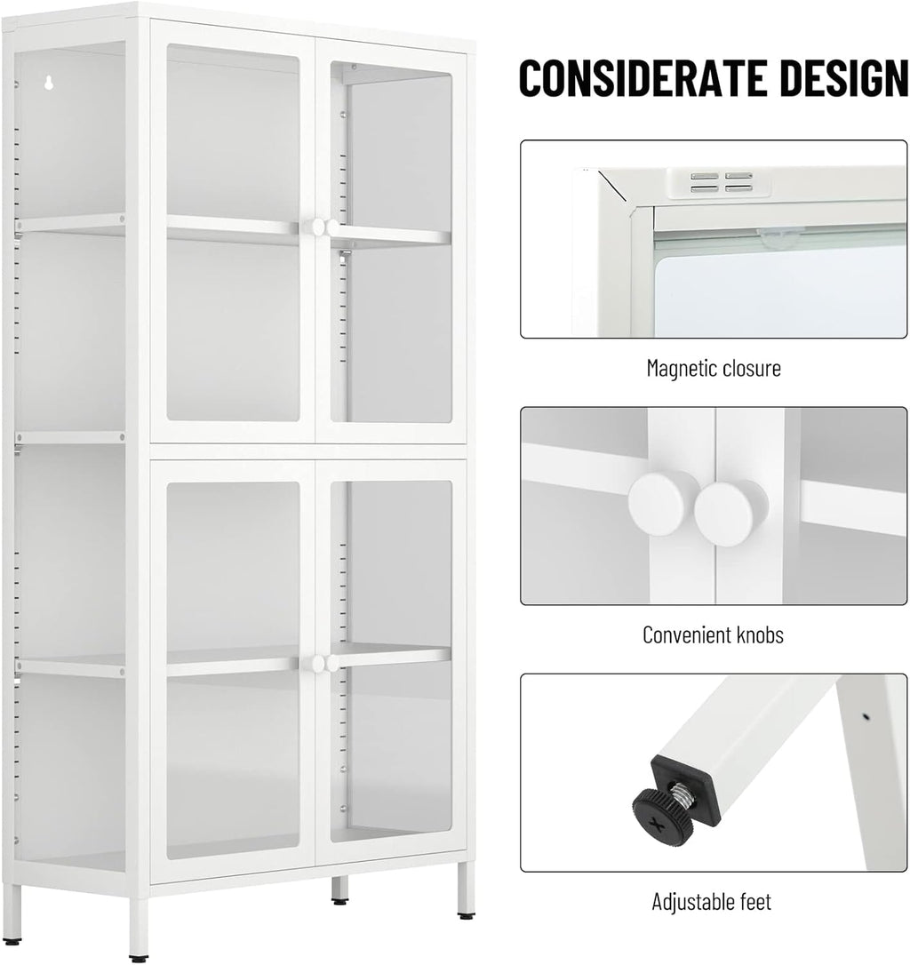 4-Door White Tempered Glass Storage Cabinet with Adjustable Shelves T118