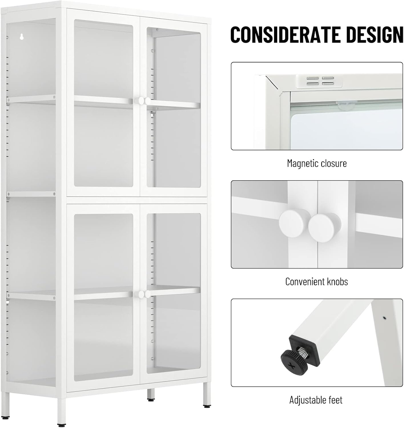 4-Door White Tempered Glass Storage Cabinet with Adjustable Shelves T118