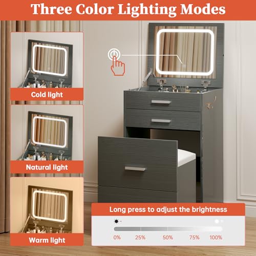 White 3 Drawer Vanity Desk with Mirror and Stool R740783