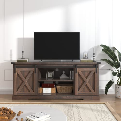 Brown Wood TV Stand with Sliding Barn Doors W4259