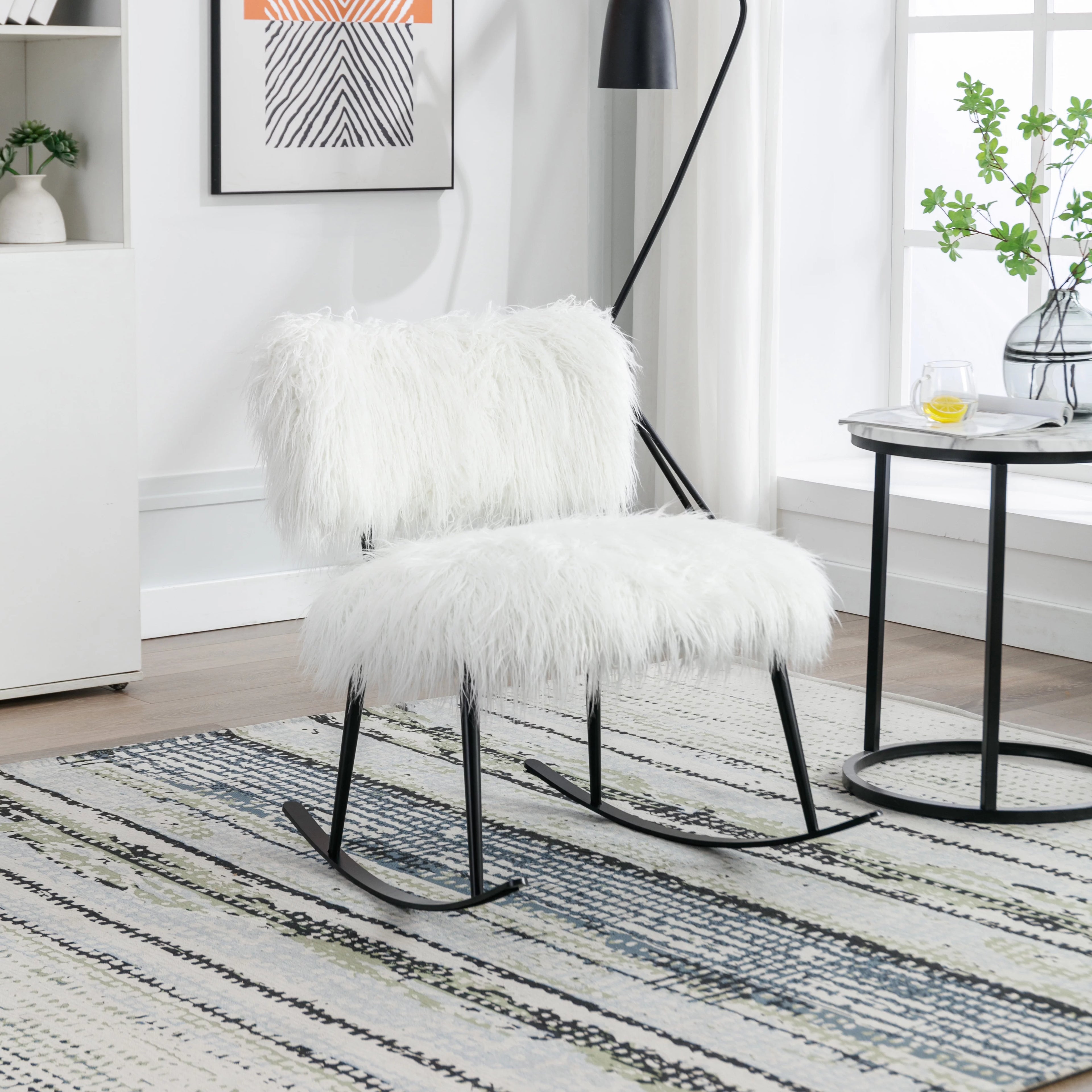 White Faux Fur Plush Nursery Rocking Chair with Metal Rocker E496