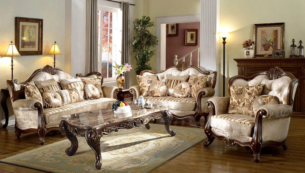 French Beige Chenille Carved Wood Loveseat U71600