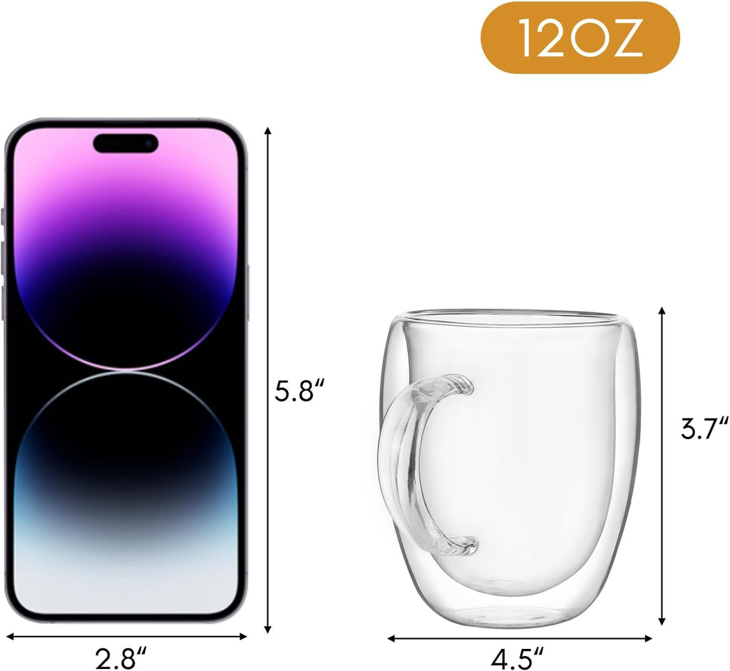 12oz Clear Glass Double Walled Coffee Mugs Set of 2 S173