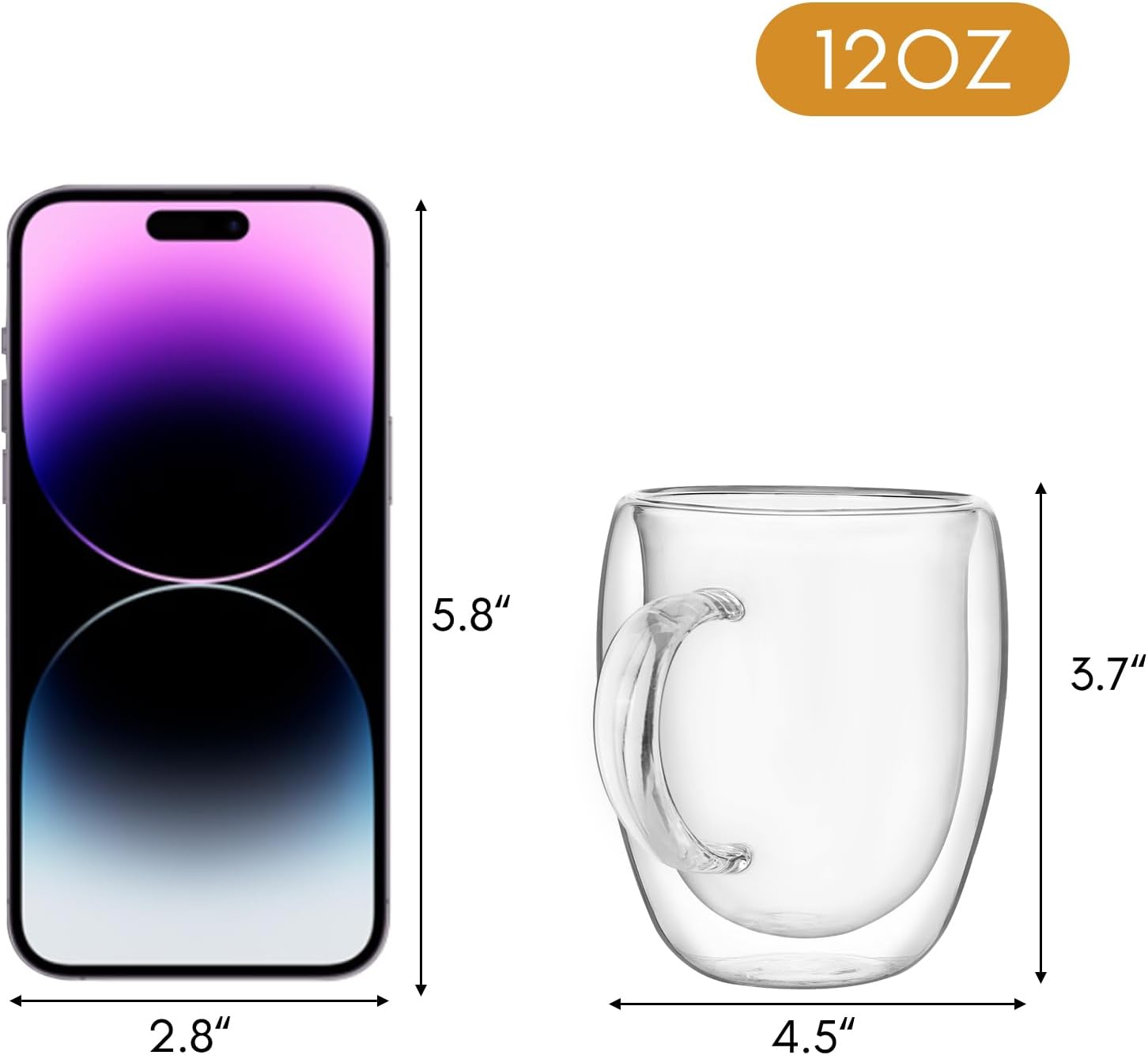 12oz Clear Glass Double Walled Coffee Mugs Set of 2 S173