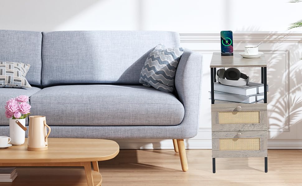 Narrow Side Table with 2 Wooden Drawers USB Ports and Power Outlets T598957