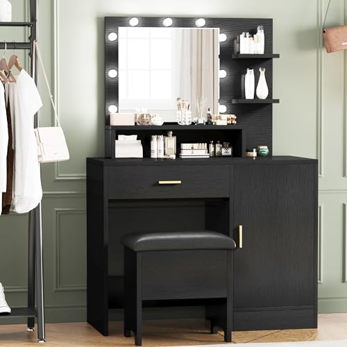 White Vanity Desk with Mirror and Lights and Drawer G773493