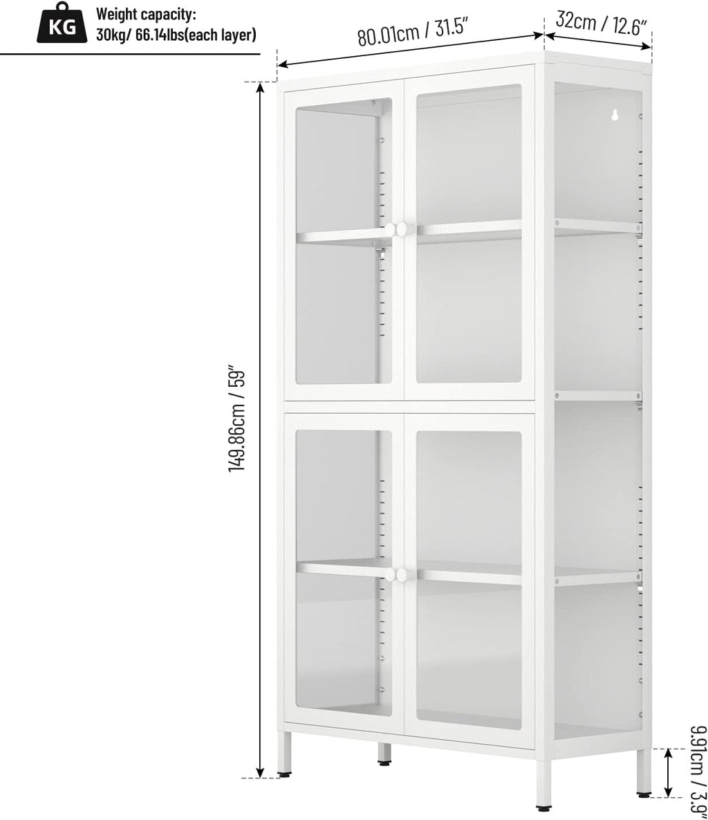4-Door White Tempered Glass Storage Cabinet with Adjustable Shelves T118