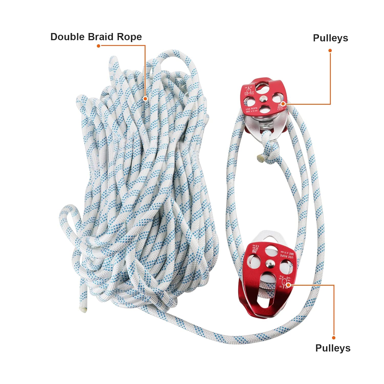 Twin Sheave Block and Tackle with Braid Rope 150Ft 30-35KN Capacity Double Pulley Rigging Rope N303