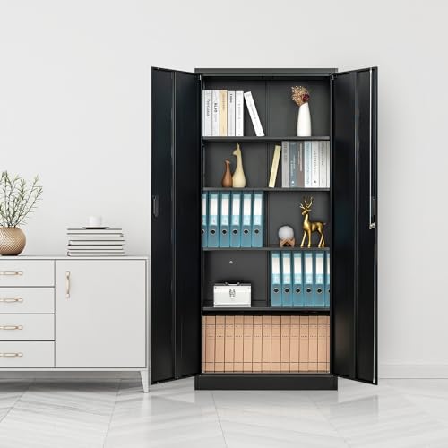 72" Steel Tall Garage Storage Cabinet with Lock, 4 Adjustable Shelves (Black) I279