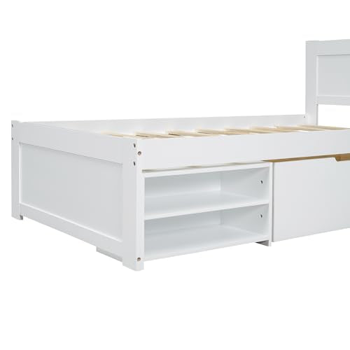 White Full Size Wood Platform Bed with Storage M3363