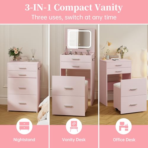 White 3 Drawer Vanity Desk with Mirror and Stool R740783