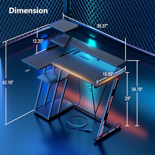 L Shaped Gaming Desk with LED Lights & Power Outlet, 47 Inch Computer Desk with Extra Storage Shelves, Reversible Gamer Workstations with Monitor Stand, Carbon Fiber Black G926